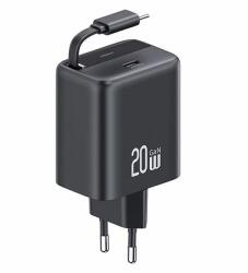 USAMS US-CC233 YC Series hálózati töltő 1xUSB-C csatlakozással és visszahúzható Type-C kábellel PD QC 20W GaN - fekete