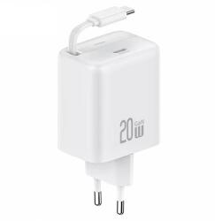 USAMS US-CC233 YC Series hálózati töltő 1xUSB-C csatlakozással és visszahúzható Type-C kábellel PD QC 20W GaN - fehér
