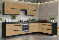 TEMPO KONDELA Univerzális sarok konyhabútor 300x180, artisan tölgy/fekete, BRECK