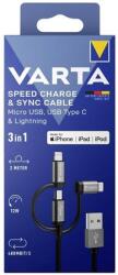 VARTA Speed USB-A Apa - USB Type-C / MicroUSB / Lightning Apa iPhone Töltőkábel - Fekete 2m