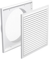 Dalap Műanyag szellőzőrács rovarhálóval, 250x250 mm-es fix zsaluval és 150 mm átmérőjű karimával, fehér