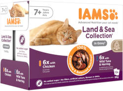 Iams 12x85g IAMS Delights Senior szárazföld & tenger mix 1 szószban nedves macskatáp