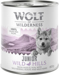 Wolf of Wilderness 24x800g Wolf of Wilderness Junior Wild Hills - kacsa & borjú nedves kutyatáp rendkívüli árengedménnyel