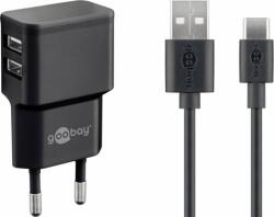 Goobay Hálózati 2x USB töltő 2.4A + USB-A - USB-C töltőkábel Fekete (44986)