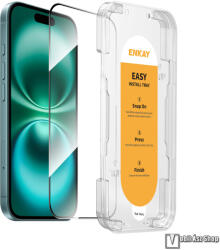 ENKAY Apple iPhone 16 Plus, ENKAY HAT PRINCE EasyInstall előlapvédő karcálló edzett üveg, 9H, A teljes felületén tapad, Felhelyező segédkeret, A teljes kijelzőt védi, Fekete
