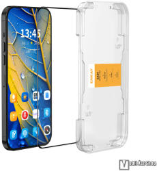 ENKAY Xiaomi 14T, 14T Pro, ENKAY HAT PRINCE EasyInstall előlapvédő karcálló edzett üveg, 9H, A teljes felületén tapad, Felhelyező segédkeret, A teljes kijelzőt védi, Fekete