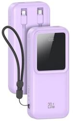 Awei X-CHEL vésztöltő USB+Type-C aljzat (30000mAh, 20W, PD gyorstöltő, LED kijelző + fix Type-C+lightning kábel) LILA (30KCD21303)