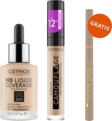 Catrice HD Liquid Coverage Foundation 24H, fond de ten lichid, 010 Light Beige, 30 ml + anticearcăn lichid, 010 Porcellain, 5 ml + linie de sprâncene gratuită