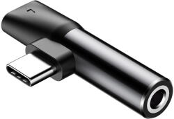 Audió és töltő adapter 2in1, elosztó, USB Type-C - USB Type-C töltő + 3.5 mm jack átalakító, 90 fokos/derékszögű csatlakozó, Baseus L41, fekete