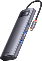 Baseus Metal Gleam Series 8 az 1-ben dokkoló, HUB USB Type C - 2 x HDMI / 3 x USB 3.2 Gen. 1 / 1 x Power Delivery / 1 x SD kártyaolvasó / 1 x microSD kártyaolvasó szürke (WKWG050113) - smartdiszkont