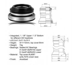 Author Kormánycsapágy ACO-HS40 A-HEAD INTEGRÁLT ALU. (1 1/8" / d: 41, 8mm/51, 8/39, 8mm), FEKETE
