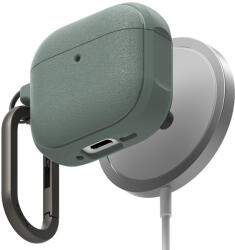  Bluetooth fülhallgató töltőtok tartó, szilikon, vezeték nélküli töltés támogatás, Magsafe kompatibilis, karabiner, Apple AirPods 4 kompatiblis, Ringke Onyx Magnetic, zöld