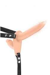 Fetish Tentation Strap-on Dublu 10 Moduri Vibratii, Silicon, USB, Natural, 15.5 cm