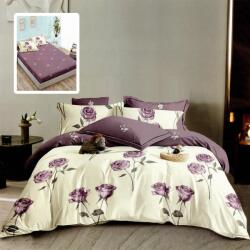 Ralex Lenjerie pat dublu Finet Bumbac 6 piese cu husa saltea 160x200 sau 180x200 cm, pilota 200x230 cm, 2 fete perna 50x70 si 70x70 cm, Crem-Mov, Puc