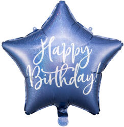 PartyDeco S. r. o Fólia lufi, csillag alakú, kék-gyöngyház , 40cm, Happy Birthday felirattal