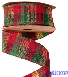 Kockás karácsonyi szalag drótos szegéllyel 38mm x 10m - Piros/Arany/Zöld