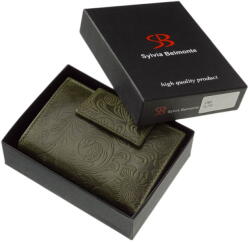 Sylvia Belmonte virág mintás, khaki, széles nyelvű női bőr pénztárca IM03