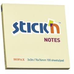 STICK N Öntapadó jegyzettömb, 76×76 mm, 100 lap, STICK N, pasztellsárga (SN21007)