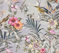 As-Creation Dream Flowery 38178-2 Natur Trópusi buja egzotikus motívum kolibrikkel krémszürke halványlila sárga pink/lila szines tapéta (36178-2)