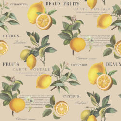 Friss botanikus design - gazdag citrus motívum gyönyörű kalligráfiával szürkésbézs sárga és zöld tónus tapéta (G45410)