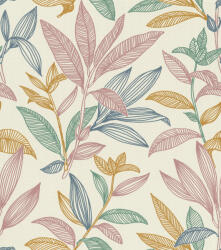 Rasch SALSA 466423 Natur Grafikus ágak levelek vázlatos rajz megjelenítésben textil háttér krémfehér okkersárga rózsaszín jádezöld azúrkék tapéta (466423)