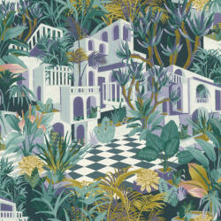  Rasch Tropical House 687415 Trópusi Botanikus Etno trópusi táj villákkal zöld lila arany szürke fehér tapéta (687415)