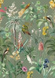 Behang Expresse Floral Utopia INK7557 TROPICAL WINTER "tél" a trópusokon életkép Art Deco háttéren zöld sötétzöld menta sárga terra falpanel (INK7557)