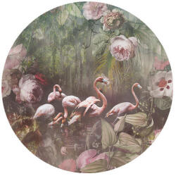  Behang Expresse Floral Utopia INK7608 FLAMINGO FOUND DARK Flamingók dús trópusi virág környezetben zöld törtfehér olívzöld pink púderrózsaszín falpanel (INK7608)