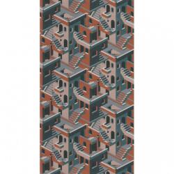  Casadeco Utopia 85113515 ILLUSION BLEU/ROSE/ORANGE Grafikus 3D házak szoros halmaza kék petrolkék narancs roségold tapéta (85113515)