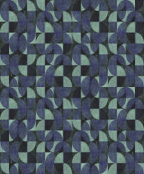  Négyzetekbe zárt változatos körívek félkörök geometrikus minta 3D sarki kék fekete és zöld/türkiz tónus fémes hatás tapéta (SPI005)
