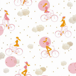  Caselio Girl Power 100844928 Gyerekszobai Hobby kerékpározó lányok fehér rózsaszín pink arany felhők tapéta (GPR100844928)
