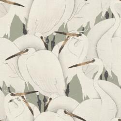 Rasch KIMONO 409543 Natur Darumadár kolónia szövetstruktúra halványzöld alap gyöngyházfehér tollazat barna fekete tapéta (409543)