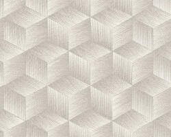 Modern háromdimenziós grafikus minta kockák sorozatával krémfehér szürke és ezüst tónus fémes hatás tapéta (38506-1)