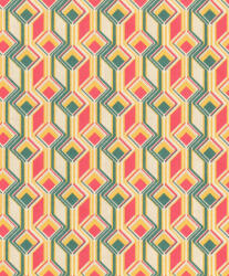 Rombuszok és négyzetek impozáns geometriai 3D faldísze krémfehér textil háttéren napsárga rózsaszín és óceánzöld tapéta (746549)