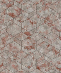  Rasch Andy Wand 649628 Geometrikus grafikus 3D hatszögek kombinációja betonhatású alapon fémes ezüst szürke rozsdavörös tapéta (649628)
