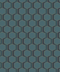 Kortárs grafika és a barokk stílus ötvözete - 3D Hexagon minta pávakék fekete arany és acélkék tónus tapéta (89306914)