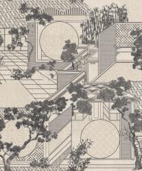 Háromdimenziós japán kert - szigorú vonalak és grafikus botanikai rajzok törtfehér szürke fekete arany tapéta (298962)