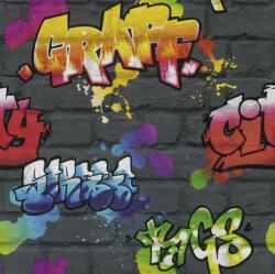 Rasch Kids & Teens III, 237801 Gyerekszobai Street Style graffiti téglafalon antracit szines tapéta (237801)