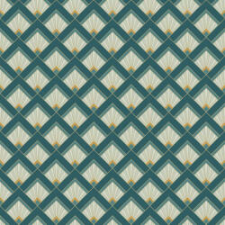  Finom Art deco design kis rombuszokba zárt legyező mintával tengerkék sötétzöld zöldeskék mandula és arany tónus fémes hatás tapéta (105316162)