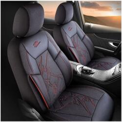 Panda Set Huse Scaune Auto pentru Skoda Scala - Panda Nepal, material textil cu piele ecologica, cu fermoare pentru bancheta rabatabila, negru cu cusatura rosie, 11 piese