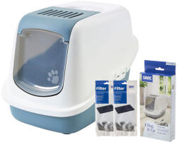 SAVIC Szett: Savic Nestor macska WC - Föld-kék/fehér + 2 db csereszűrő + 12db Bag it Up Maxi alátét