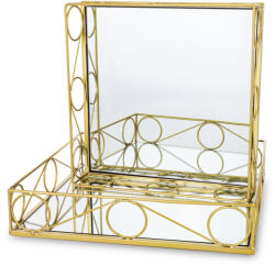  Glamour design aranyszín szögletes 2db-os fém tálca szett tükrös üveglappal 7x34x34 / 7x30x30cm (158206)