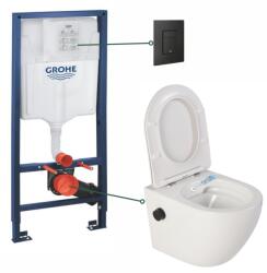 Foglia Set vas wc suspendat cu functie bideu alb si baterie inclusa negru mat Foglia Oslo, rezervor Grohe Solido 3 in 1 cu clapeta neagru mat Even (OGR-setMBD-1)