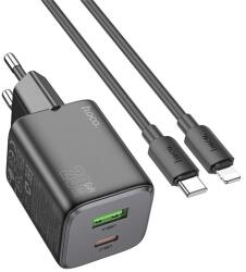 hoco. N41 hálózati töltő USB+Type-C aljzat (20W, GaN, PD gyorstöltő 3.0 + lightning kábel) FEKETE (N41_LIGHTNING_B) - bluedigital