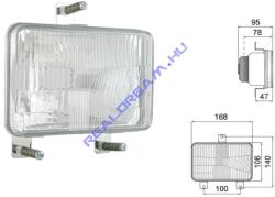 WESEM Fényszóróbetét Massey Ferguson traktorokhoz (helyzetjelző nélküli) H4 foglalattal 168x106x93 mm . Felül középen 1db, - alul 2 db fém felfogó fűllel. Alsó füleknél furattávolság: 100mm. RE. 27011 (RE.2