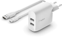 Belkin ERŐSÍT TÖLTÉS 24w USB-A Kettős Fali Töltő 1m A-C Kábellel - Fehér