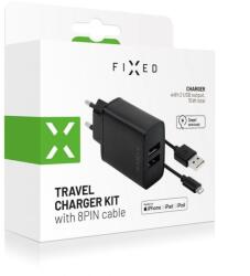 Fixed Set mains charger with 2xUSB output and USB/Lightning cable, 1m, MFI certification, 15W Smart Rapid Charge Fekete (FIXC15-2UL-BK)