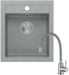 Quadron JOHNNY 100 silver stone gránit mosogatótálca + Zegor SAP4-F090GY rozsdamentes acél csaptelep szürke flexibilis kifolyócsővel