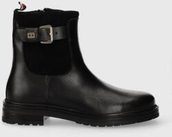 Tommy Hilfiger bőr csizma BELT BOOTIE MATERIAL MIX fekete, női, lapos talpú, FW0FW07477 - fekete Női 41