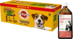 PEDIGREE Pedigree felnőtt nedves kutyaeledel vegyes tasak (csirke és zöldség, marhahús és zöldség, pulyka és sárgarépa, marhahús és bárány) 40x100g + LAB V Vitaminokkal dúsított lazacolaj 500ml